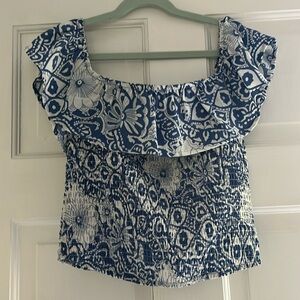 Sugar + Lips Blue Floral Smocked Ruffle Tank Top